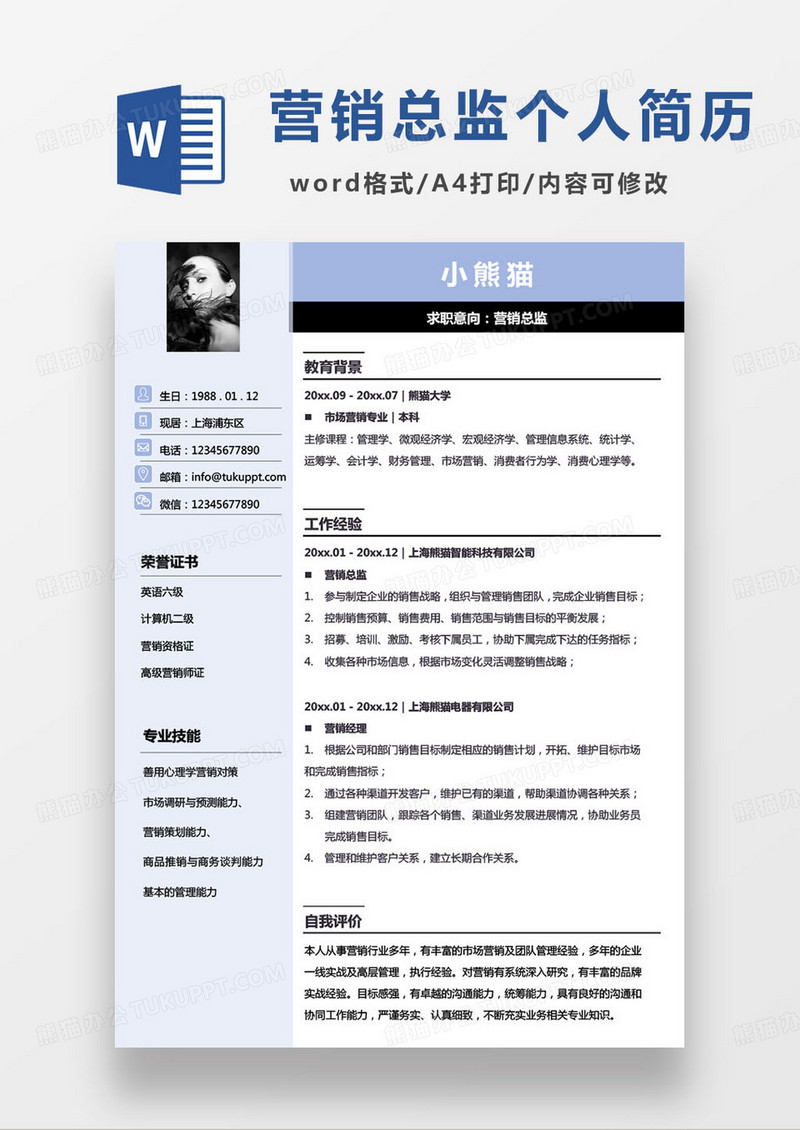 简约蓝黑营销总监个人求职简历word模板