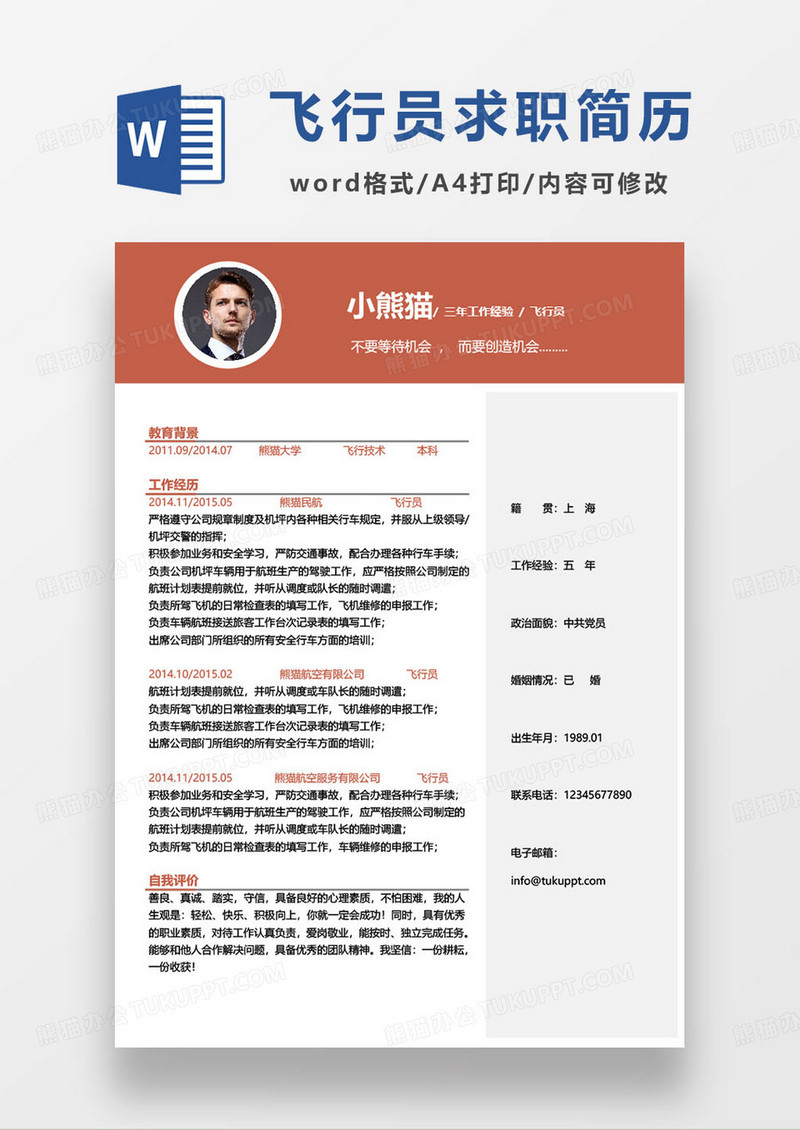 简约三年工作经验飞行员求职简历