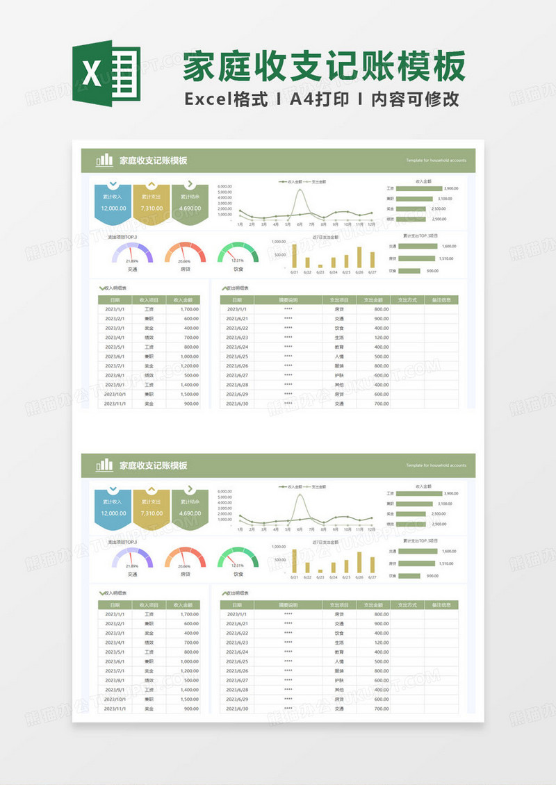 绿色简约家庭收支记账模板