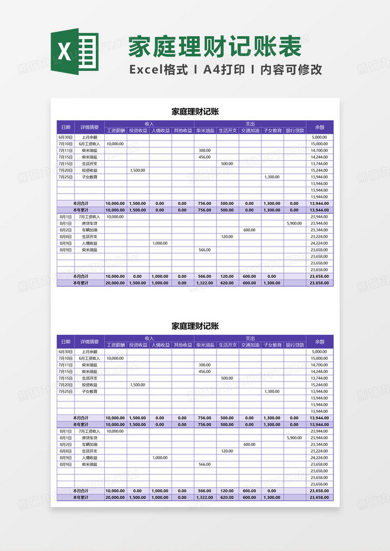 紫色简约家庭理财记账表格范本excel模板