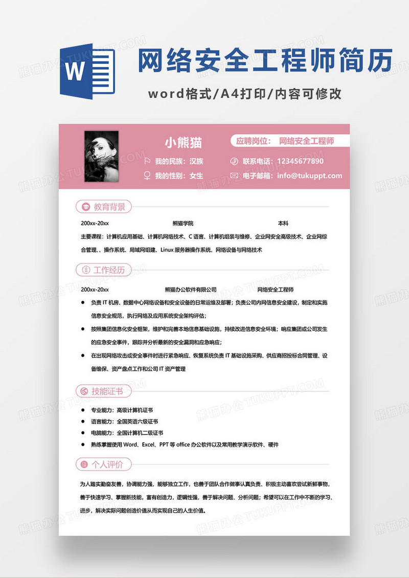 粉色简约网络安全工程师个人求职简历