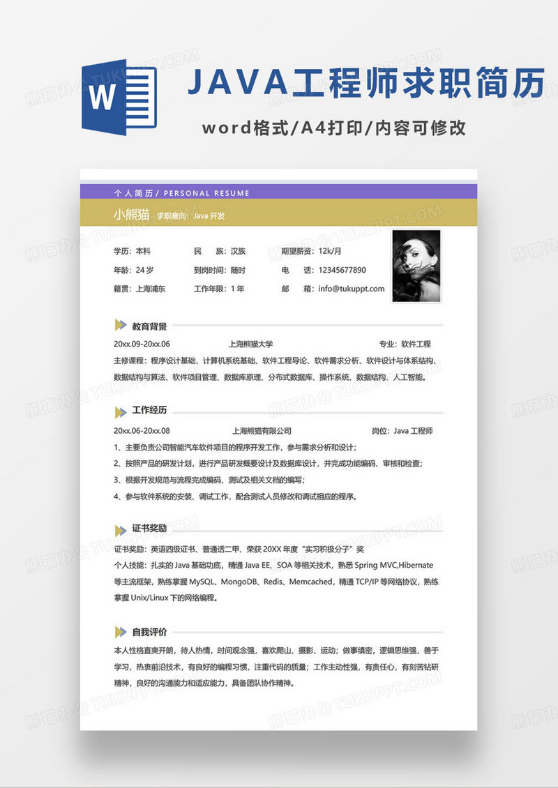 紫金色java开发软件工程师求职简历