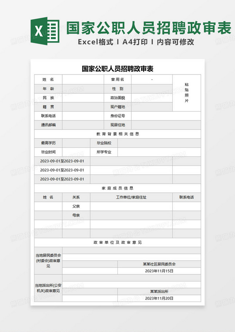 简约国家公职人员招聘政审表excel模板