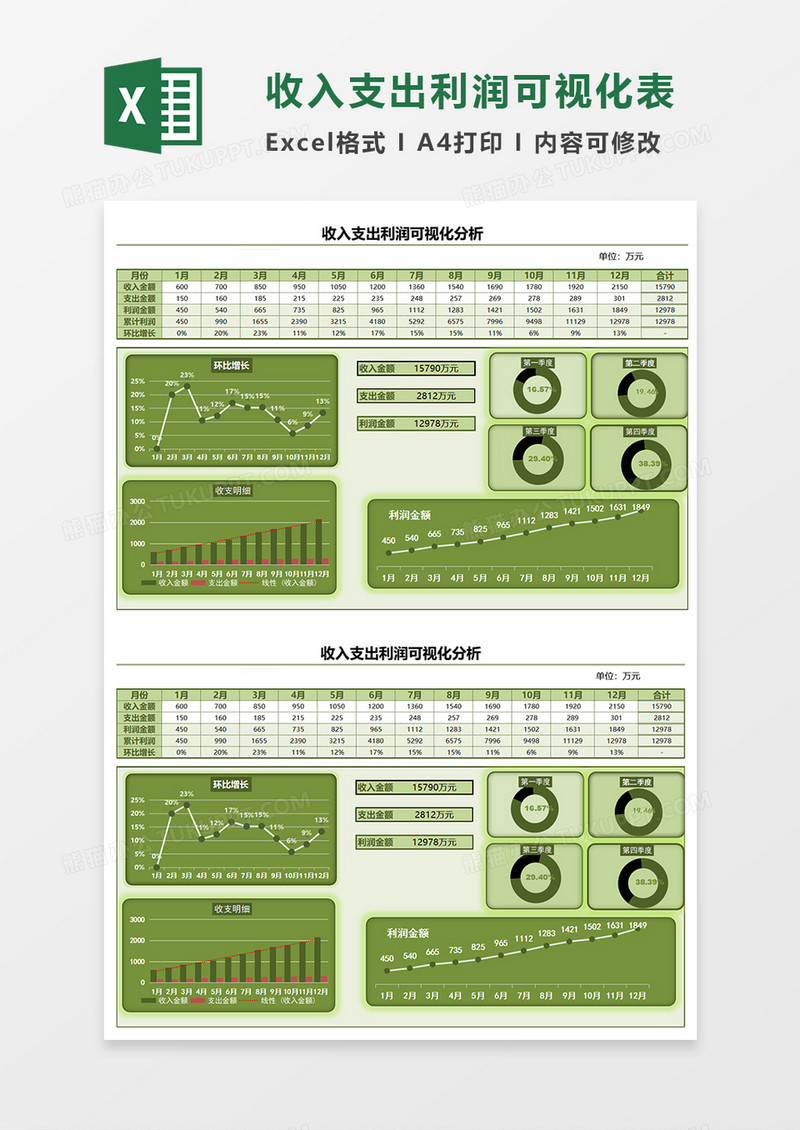 绿色简约通用收入支出可视化EXCEL模板