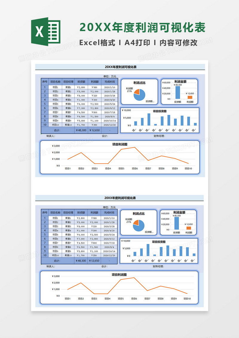 蓝色简约通用年度项目利润可视化EXCEL模板