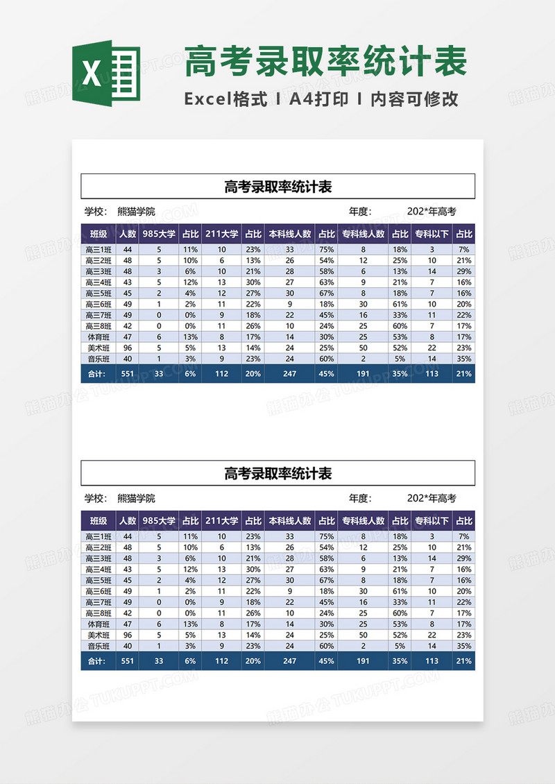 蓝色简约高考录取率统计表EXCEL模板