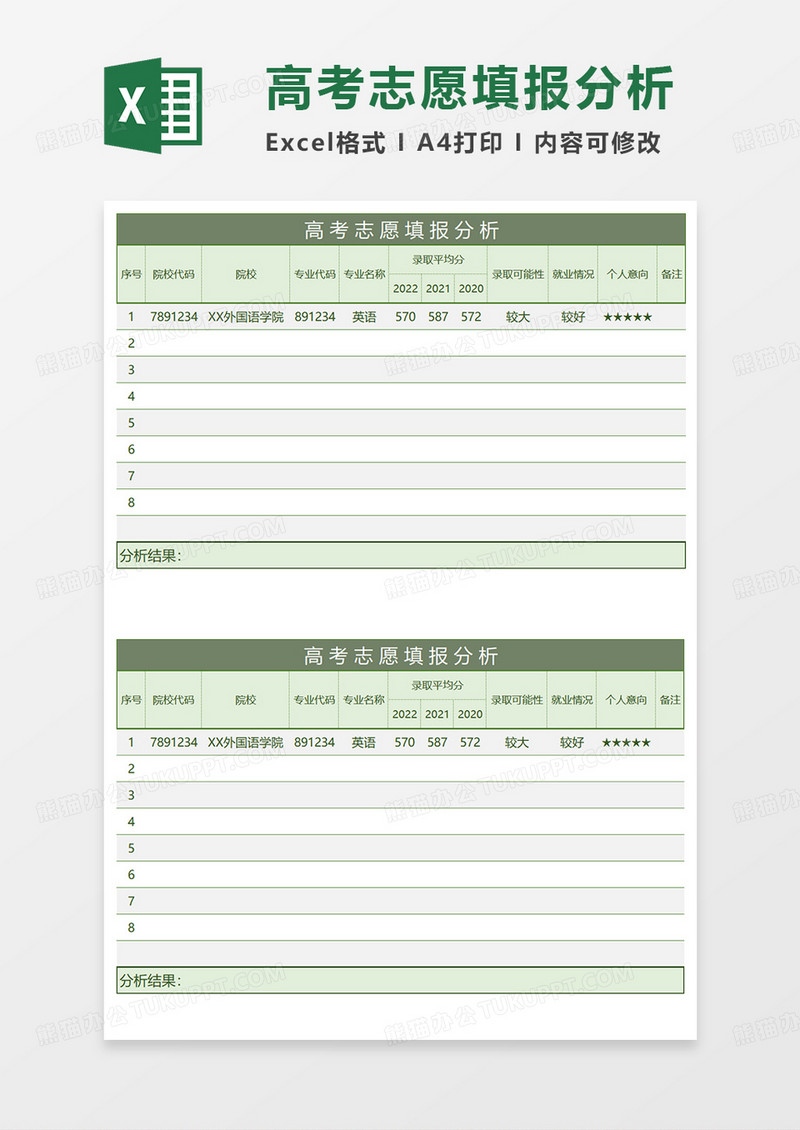 绿色简约高考志愿填报分析EXCEL模板