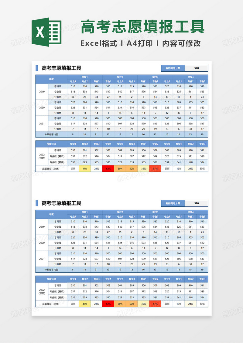 蓝色简约高考志愿填报工具EXCEL模板