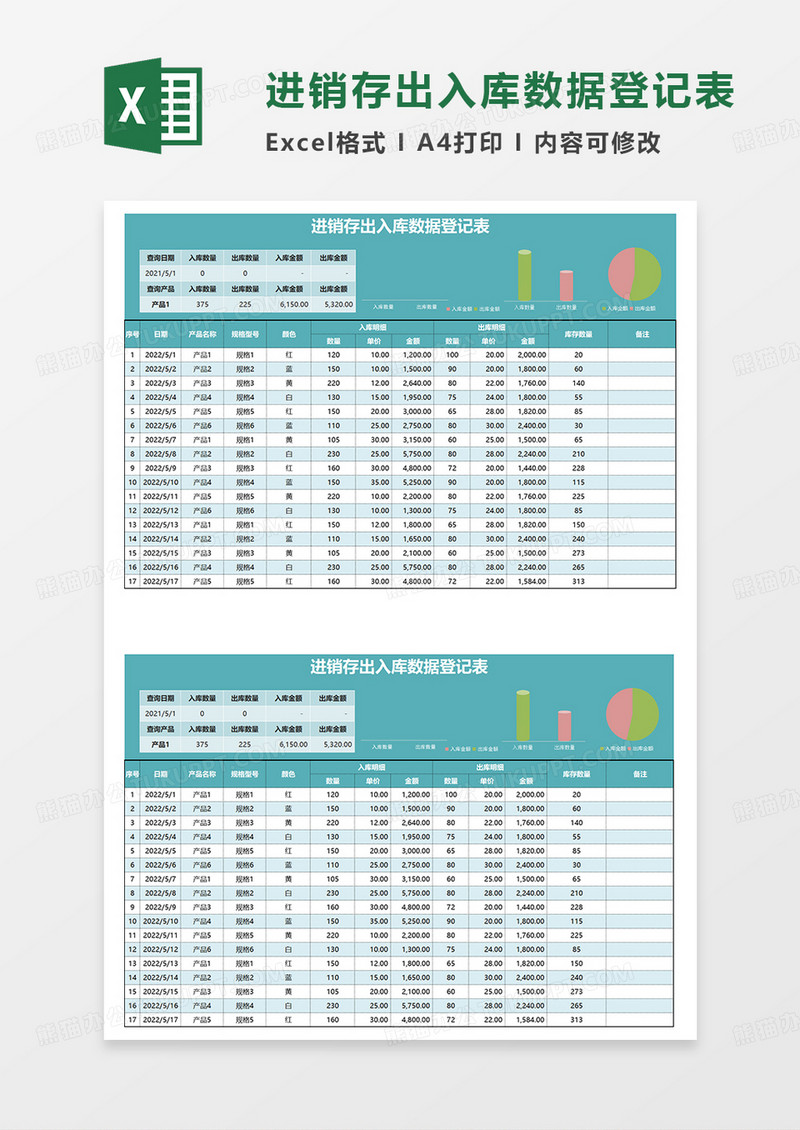 绿色简约进销存出入库数据登记表EXCEL模板