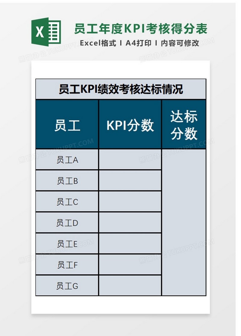 简洁员工年度KPI考核得分表