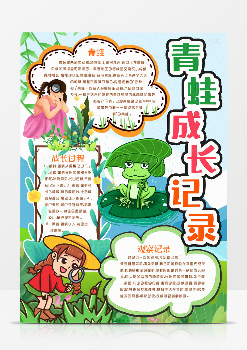 青蛙成长观察记录动物成长记录小报手抄报word模板