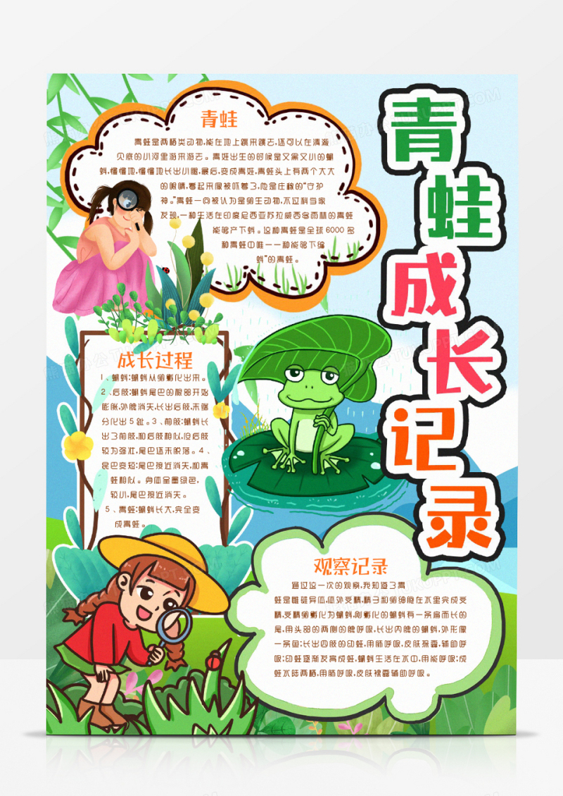 青蛙成长观察记录动物成长记录小报手抄报word模板