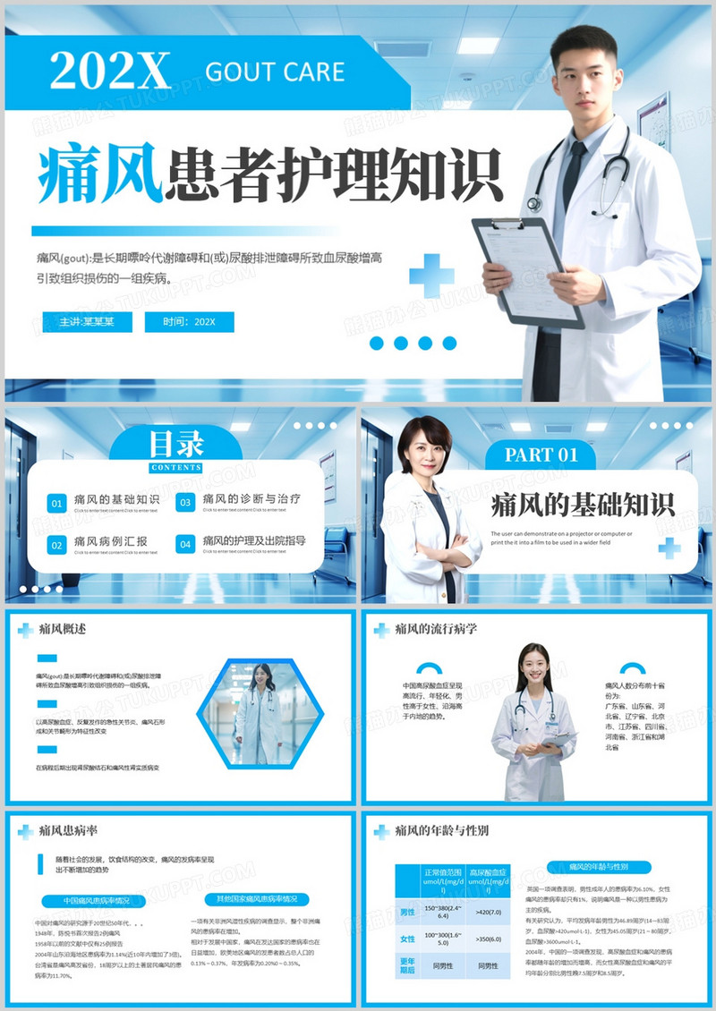 蓝色简约风痛风患者护理知识PPT模版