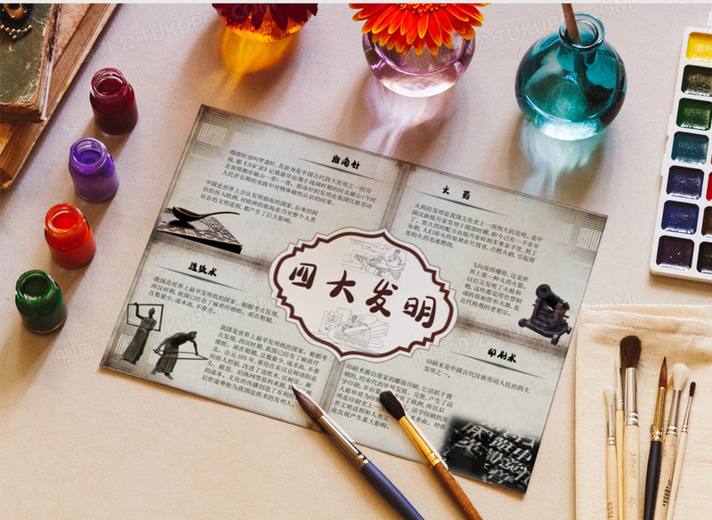 古风简约古代四大发明指南针司南小报word模板手抄报线稿