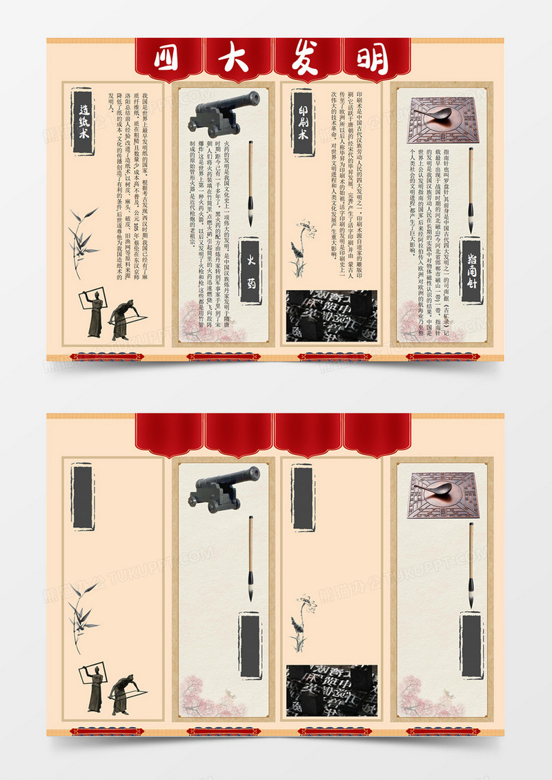 古风中国风中国古代四大发明司南造纸术印刷术小报线稿手抄报word模板