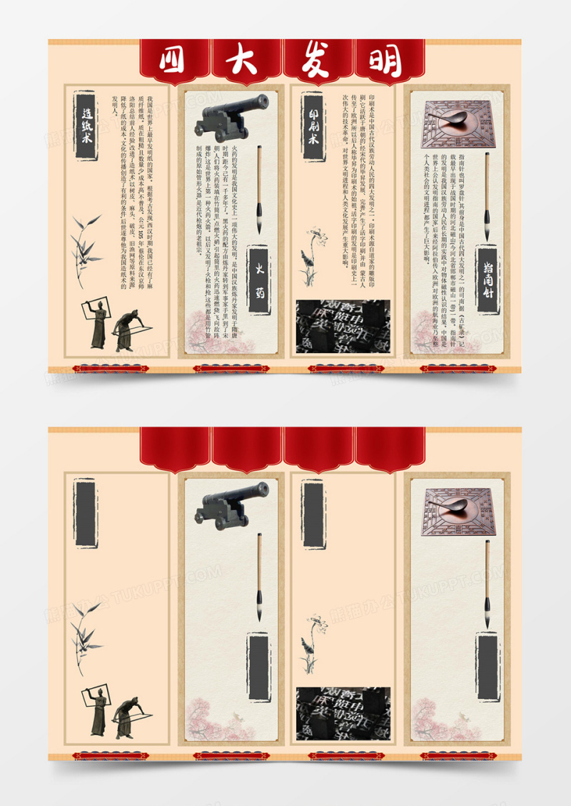 古风中国风中国古代四大发明司南造纸术印刷术小报线稿手抄报word模板