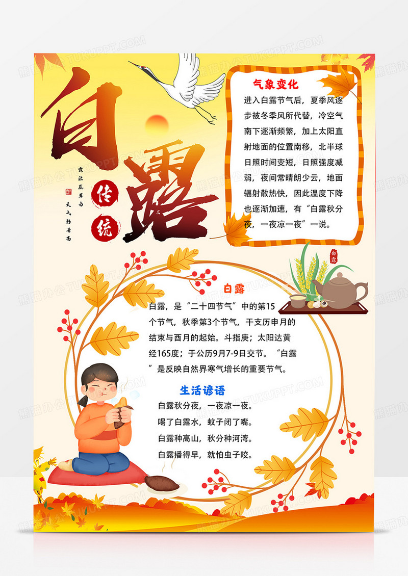 竖版白露手抄报白露节气小报线描模板