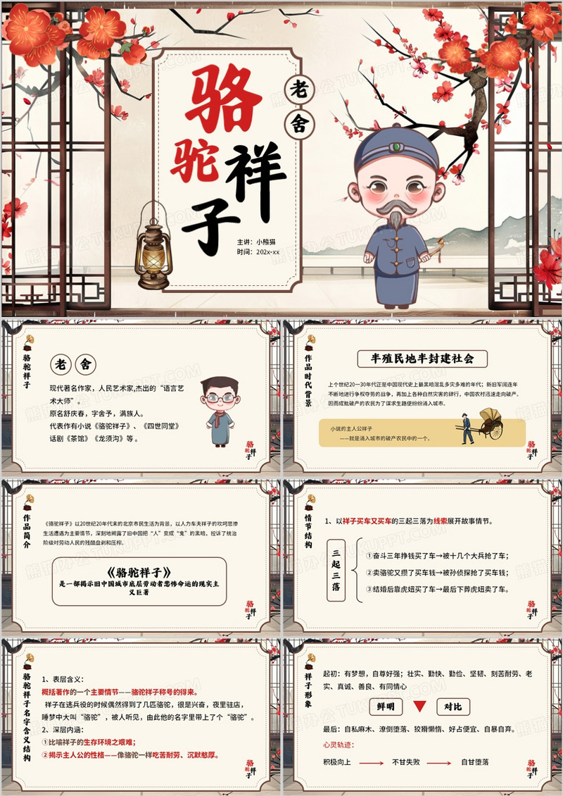 黄色插画风骆驼祥子语文课件PPT模板