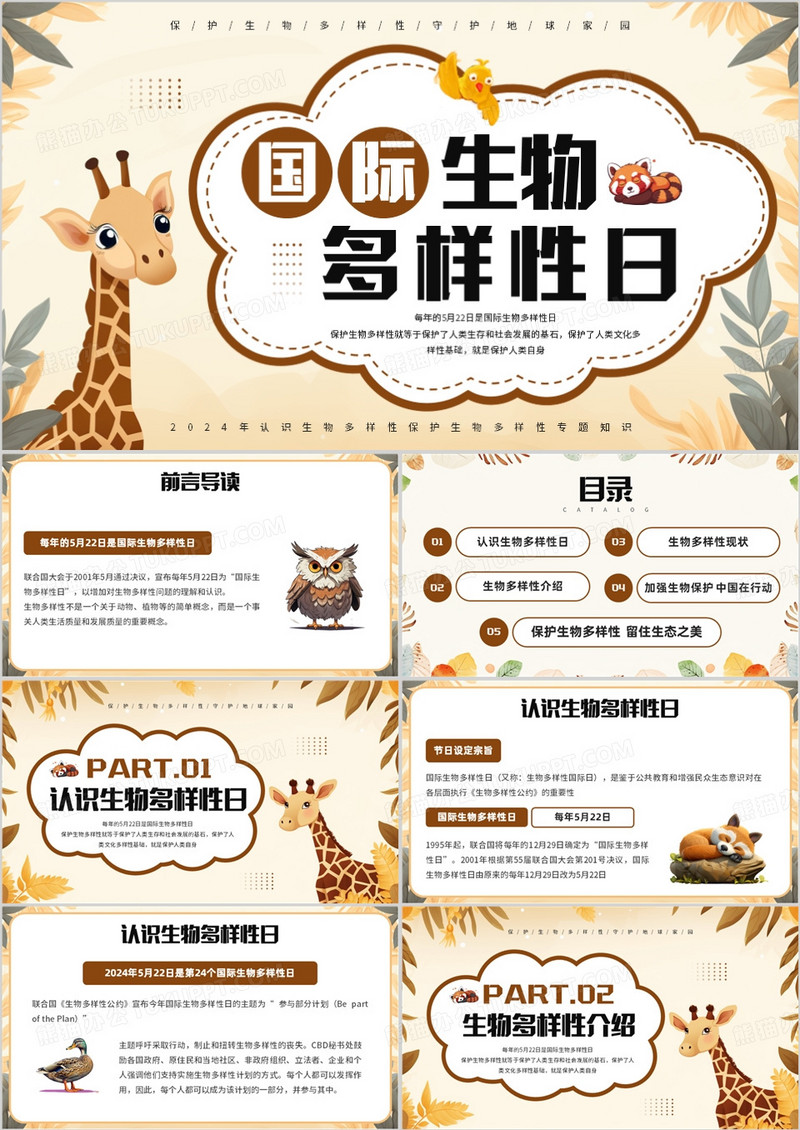 黄色插画风国际生物多样性日PPT模板