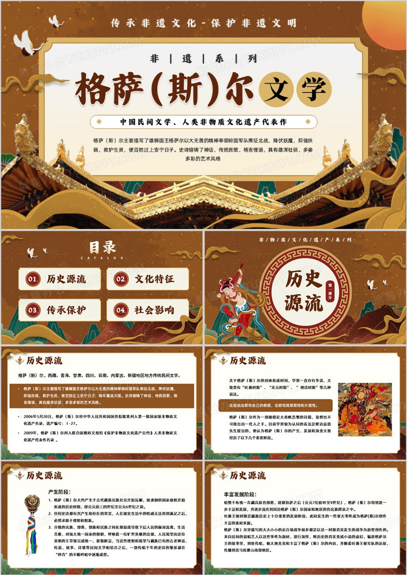 棕色中国风格萨尔文学介绍PPT模板