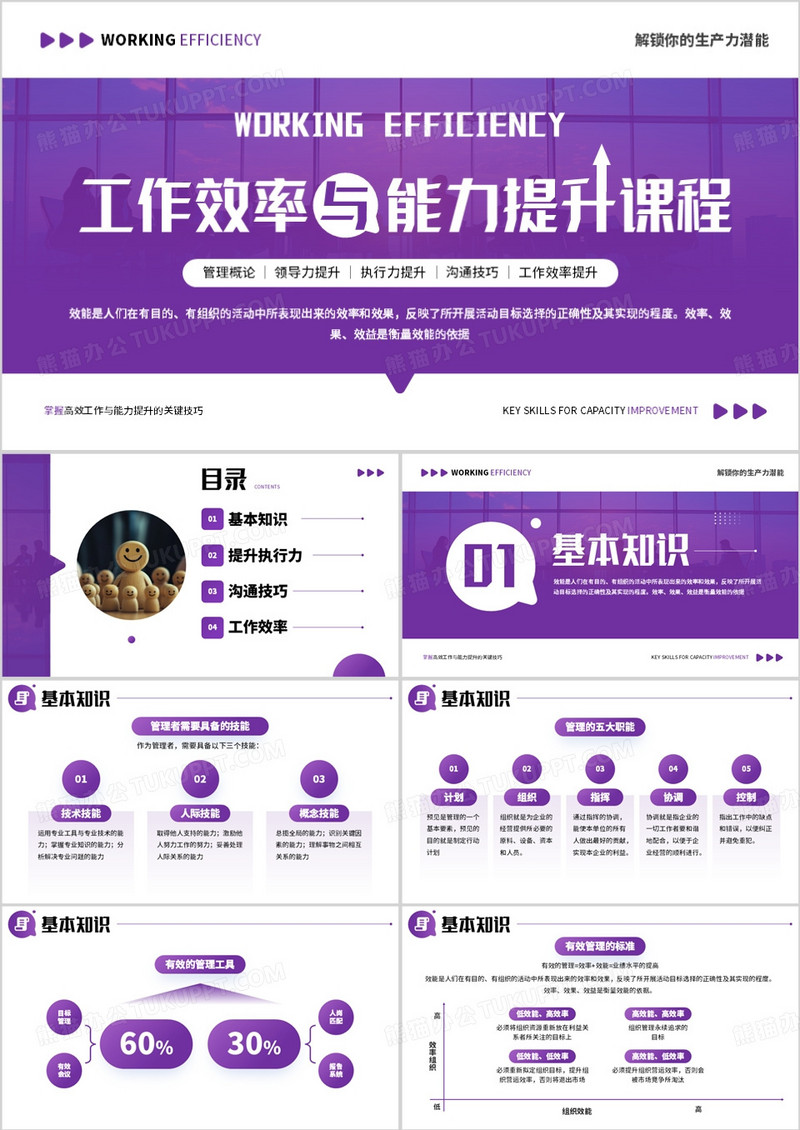 紫色简约风工作效率与能力提升PPT模板