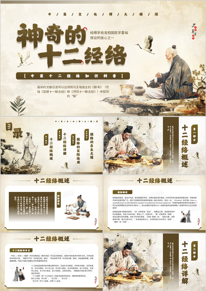 棕色中国风神奇的十二经络PPT模板