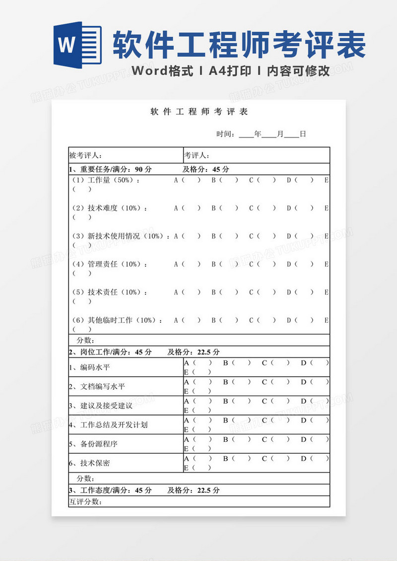 软件工程师考评表word格式模板