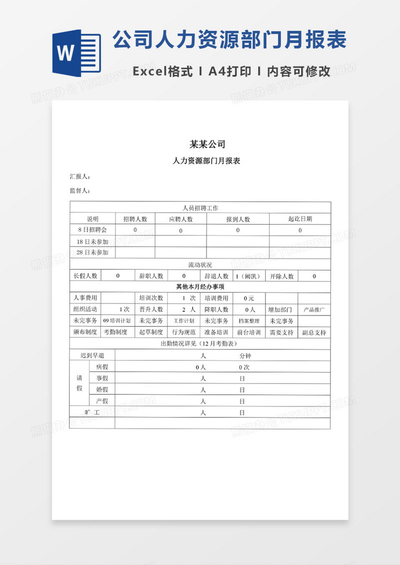 公司人力资源部门月报表