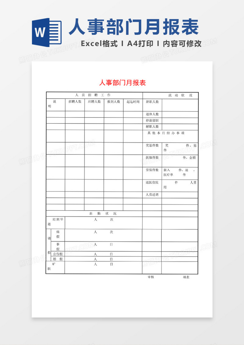 人事部门人员流动月报表