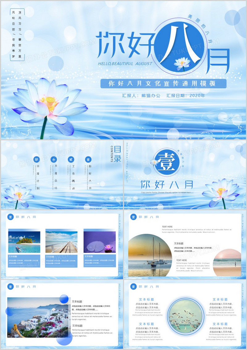 蓝色小清新风你好八月工作计划通用PPT模板