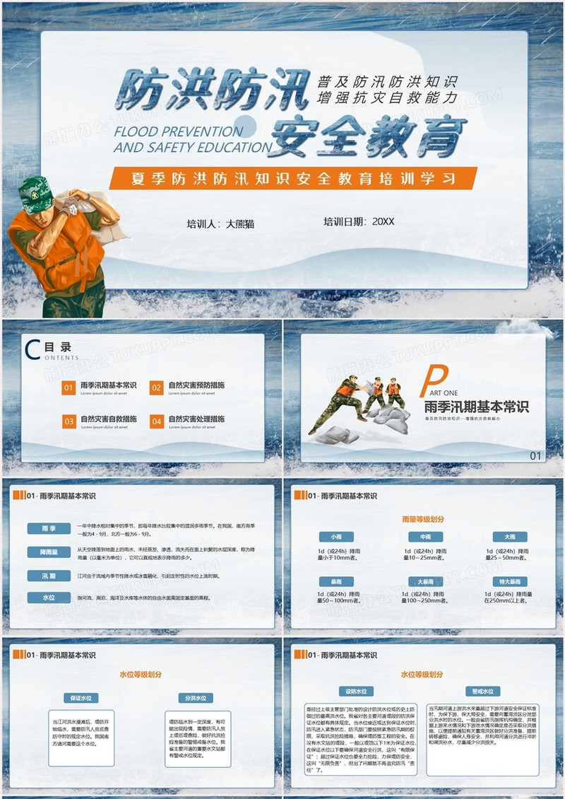 蓝色简约风防洪防汛安全教育宣传PPT模板