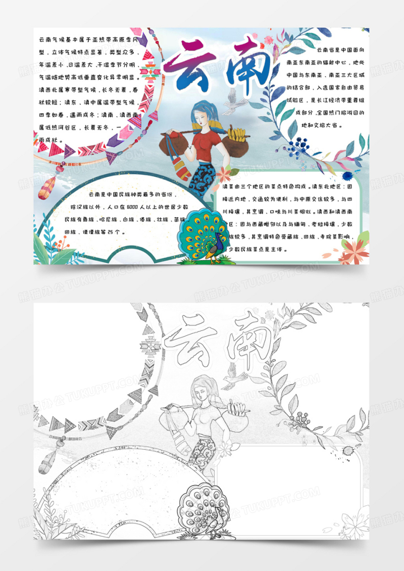 多彩清新可爱简约手绘走进云南家乡手抄报小报word模版