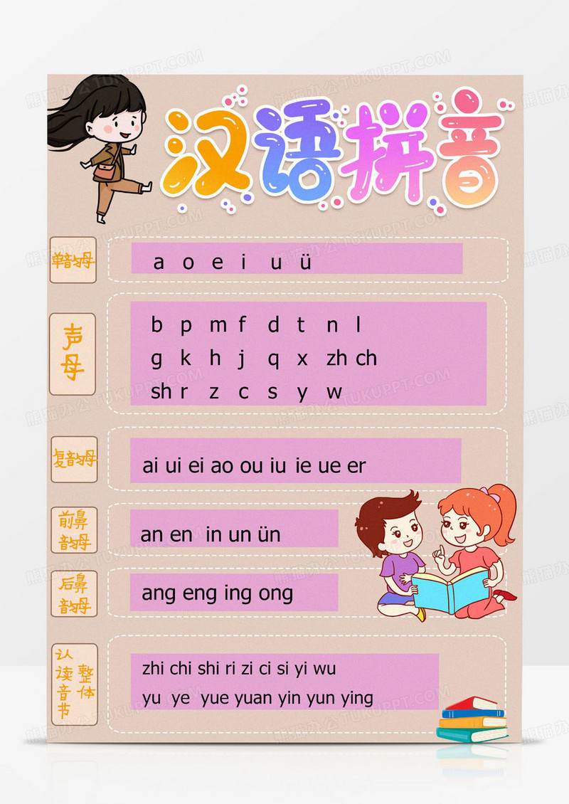 小学生卡通简约手绘早教知识汉字拼音字母挂图