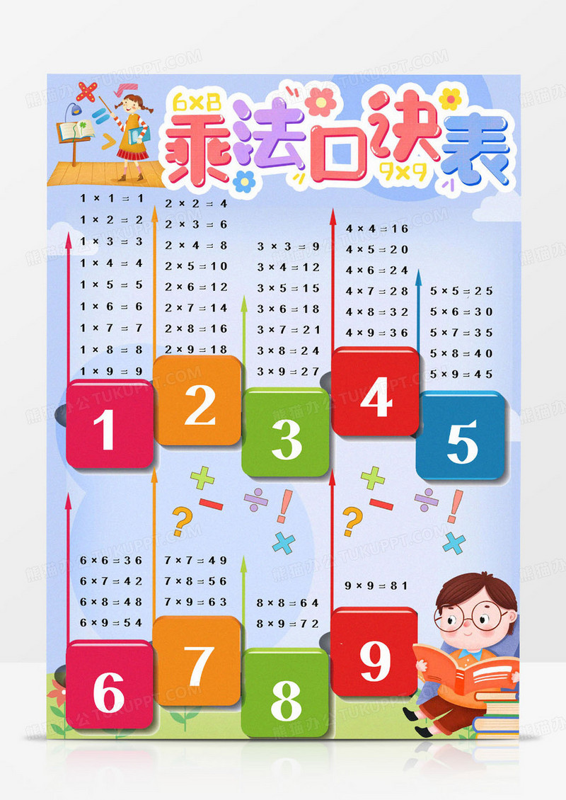 小学生彩色多彩简约手绘可爱九九口诀表早教挂图