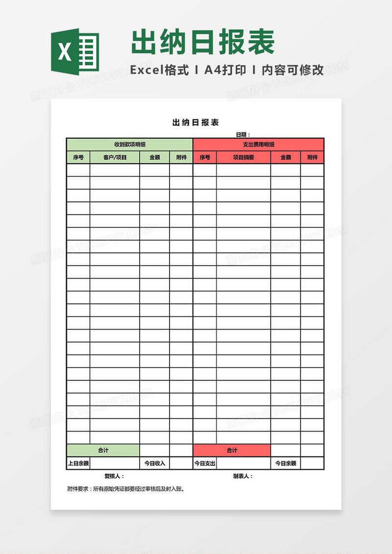 出纳日报表Excel模板