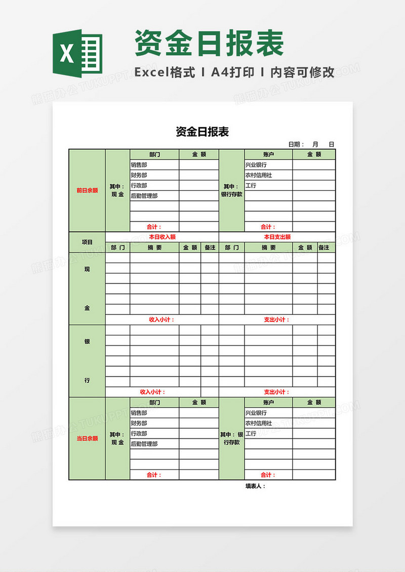 资金日报表Excel模板