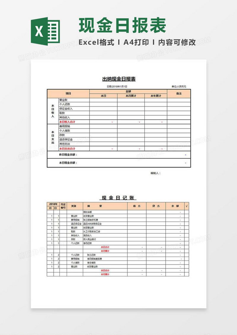 现金日报表、日记账表Excel模板