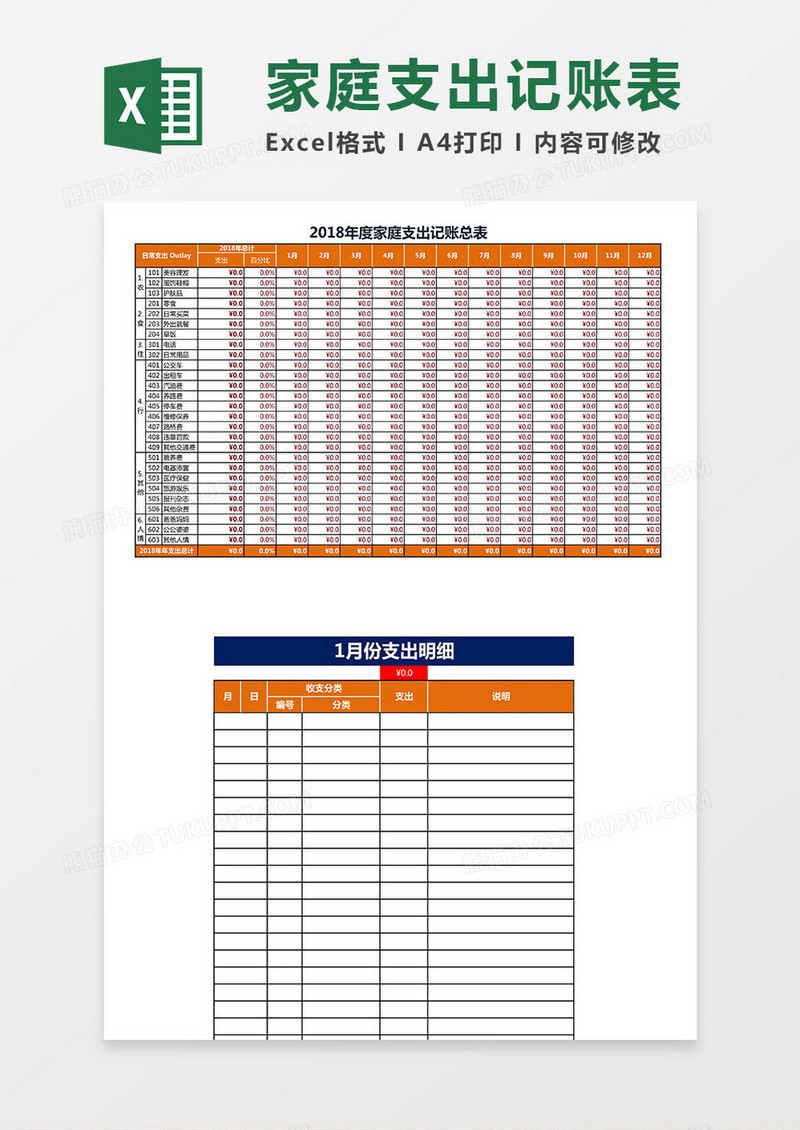 XX年度家庭支出记账表Excel模板