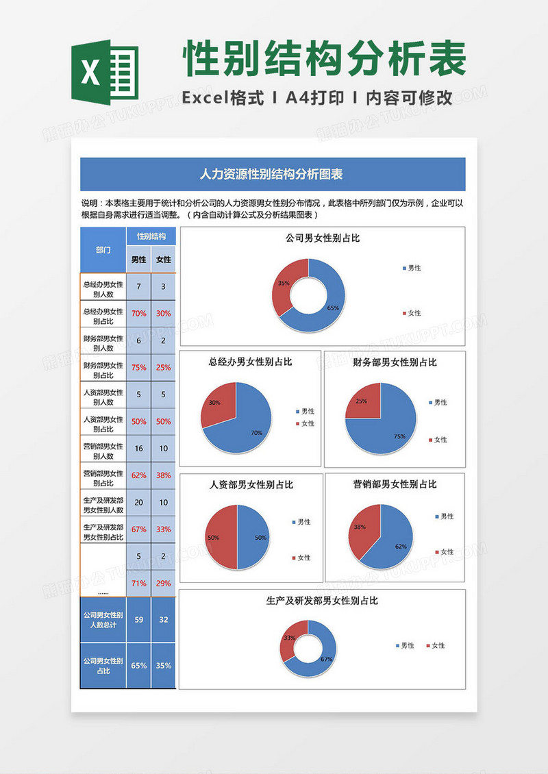 人力资源性别结构分析表Excel模板