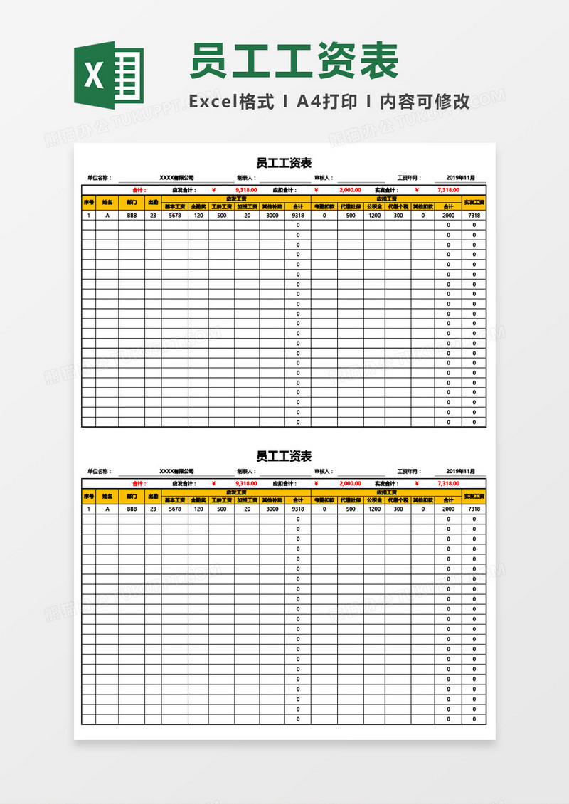 实用自动求和工资表Excel模板