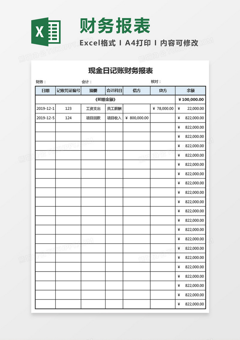 现金日记账财务报表（带计算公式）Excel模板