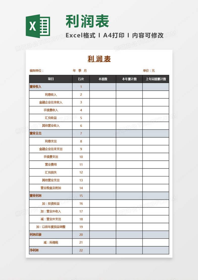 财务专用利润表Excel模板