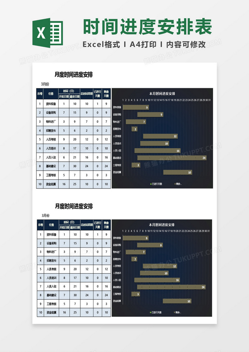 月度时间进度安排Excel模板