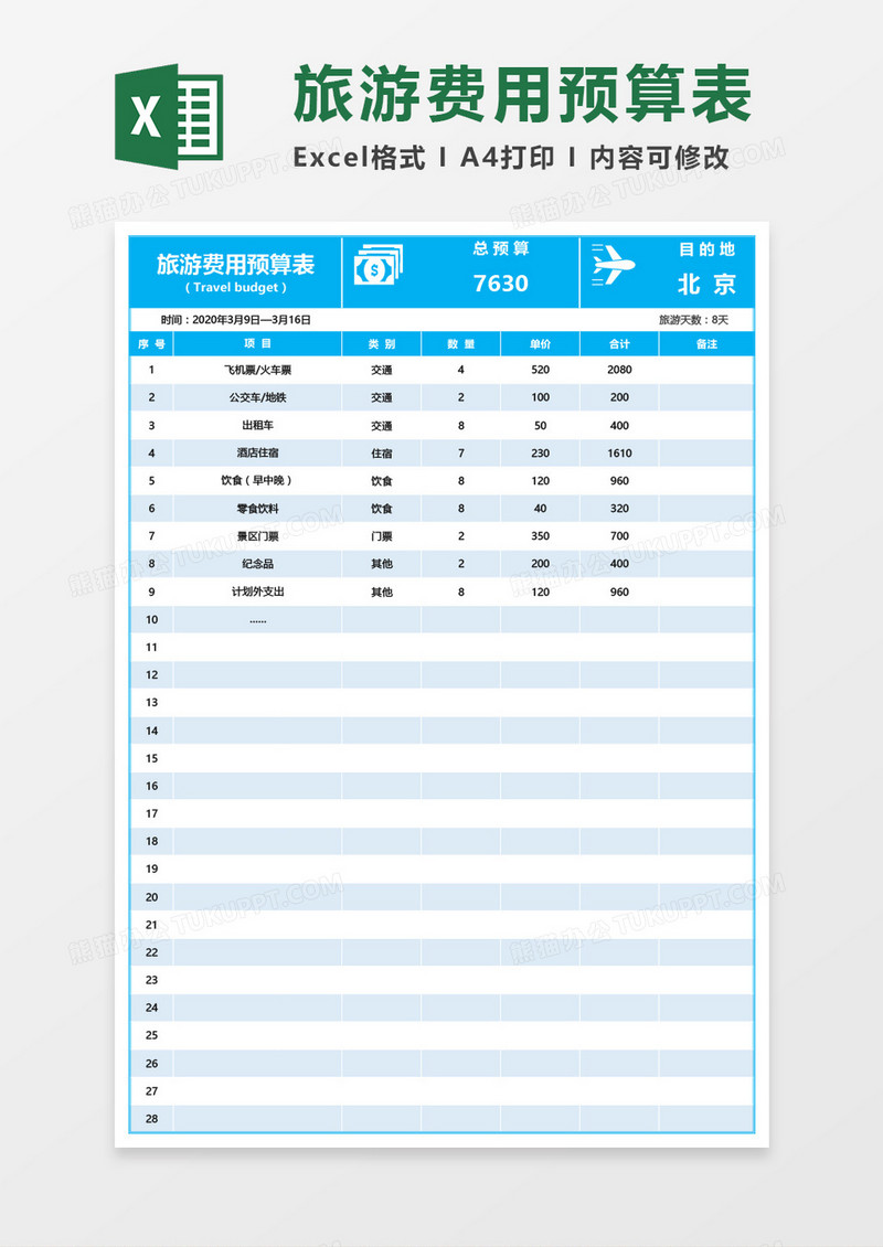 旅游费用预算表Excel模板