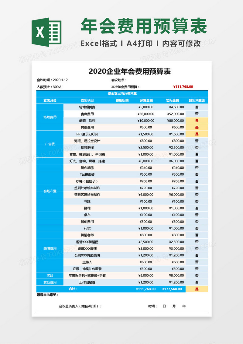 企业年会费用预算表Excel模板