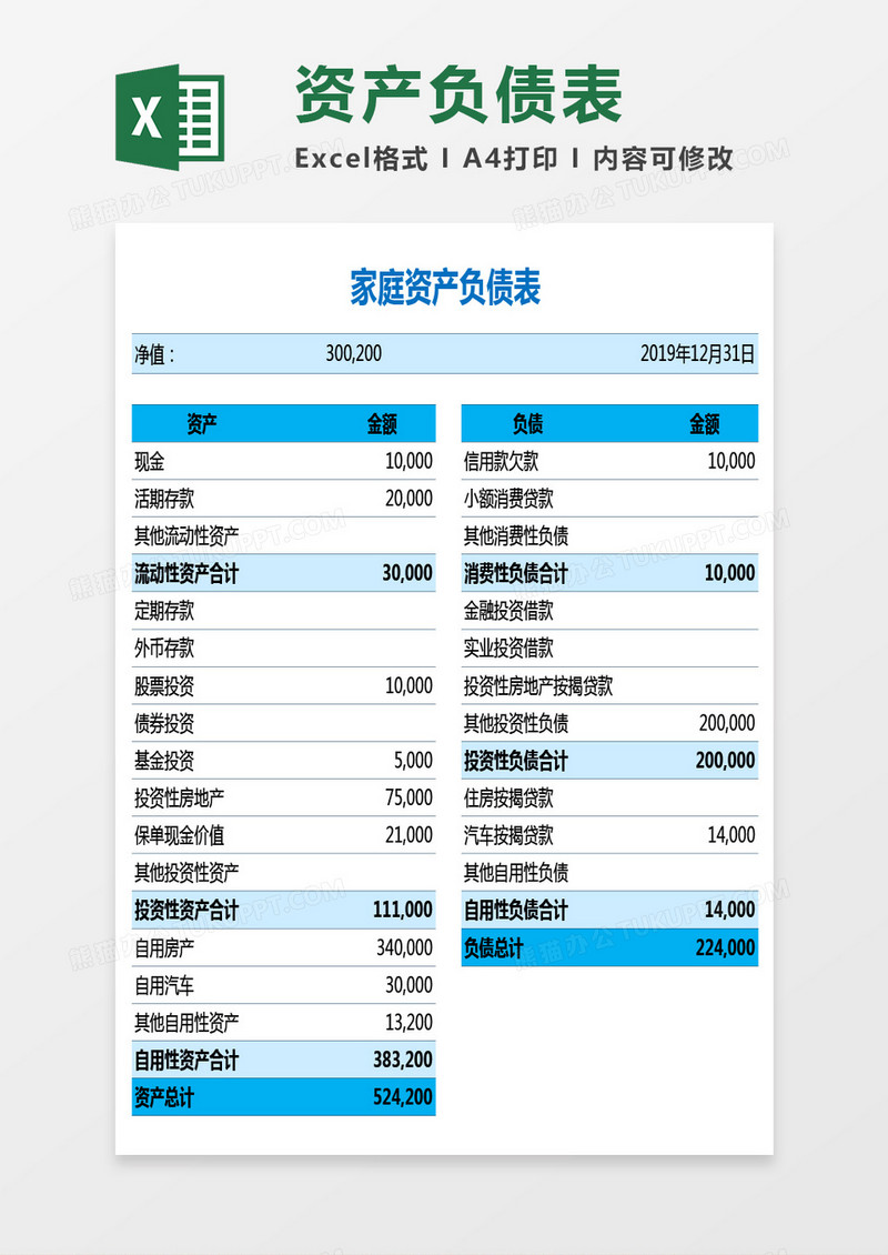 个人家庭资产负债表Excel模板