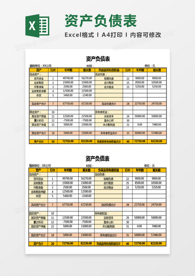 资产负债表（带公式）Excel模板