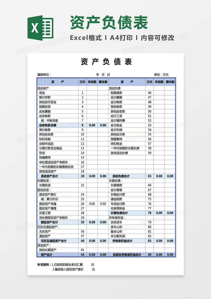 公司财务实用资产负债表Excel模板