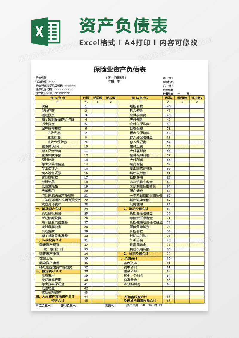 实用保险业资产负债表Excel模板