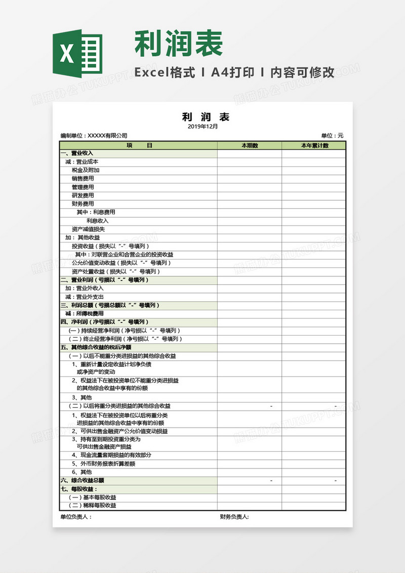 实用财务利润表通用Excel模板